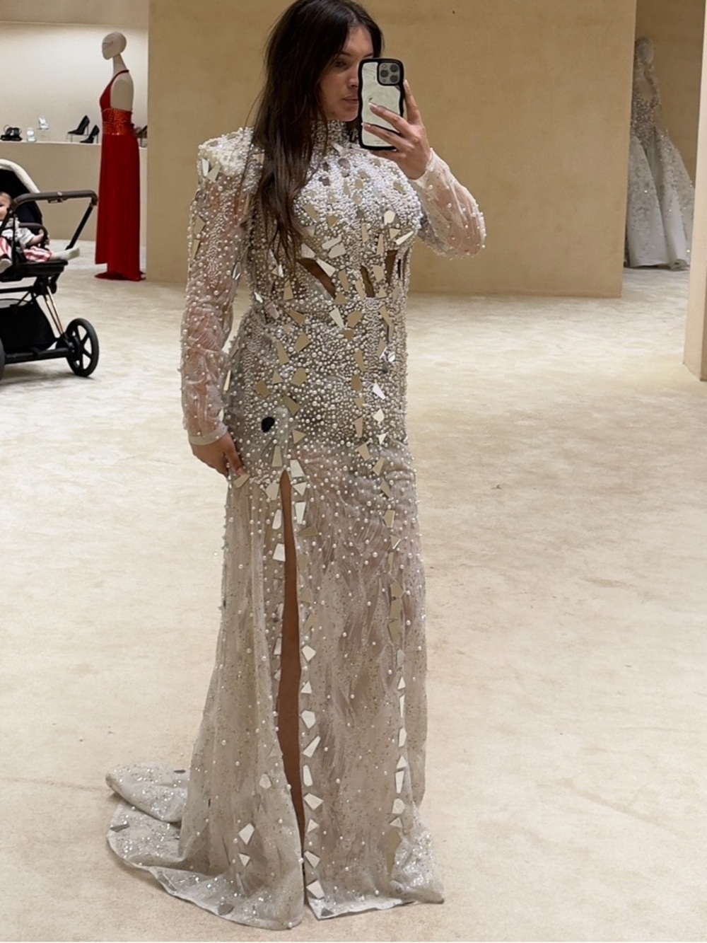 Valdrin Sahiti Beaded Illusion Long-Sleeve Prom/ wedding Gown - Silver Cream